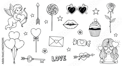 Cute doodle pattern with lips, heart, envelope, and star elements isolated on white background doodle style icon set