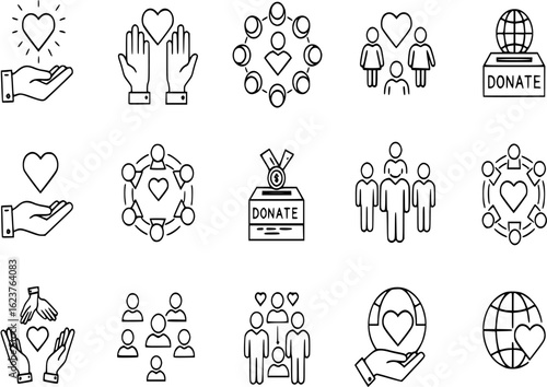 Charity icon set. Collection of donate, heart, unity, community, and more. Vector illustration. Easily changes to any color.
