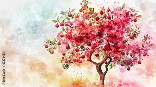 A colorful watercolor illustration of a pomegranate tree in full bloom with glowing accents