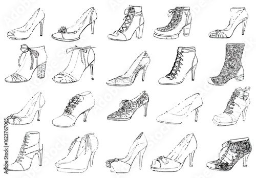 Elegant Collection of Hand Drawn Womens Shoes Footwear Fashion Sketch Illustration Variety Stylish Heels and Boots Art Design