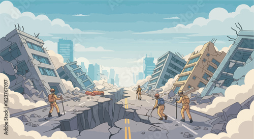 Post-apocalyptic scene after a devastating earthquake, collapsed buildings, cracked roads, dust in the air, rescue teams searching for survivors
