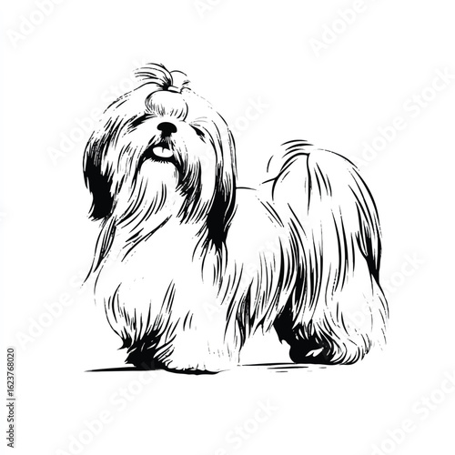 Elegant Shih Tzu Dog Illustration with Detailed Fur and Expressive Eyes Black and White Vector Artwork Pet Portrait