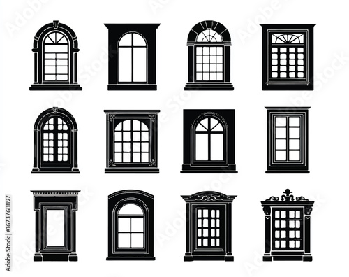 Elegant Window Collection Featuring Variety of Architectural Styles and Designs in Black Silhouette for Interior and Exterior Decoration
