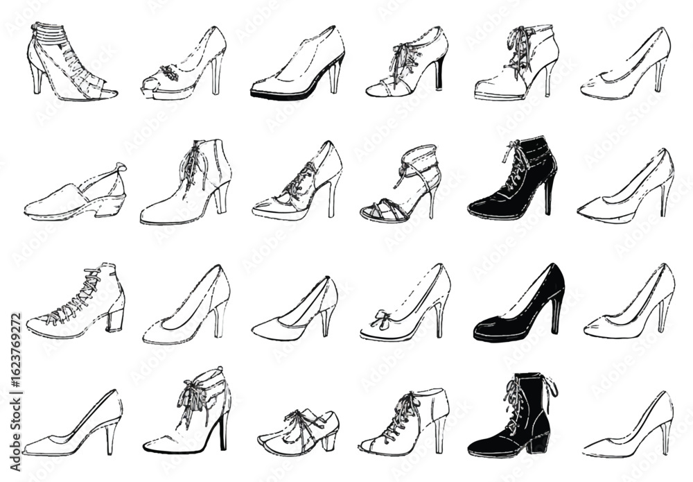 Fashionable Shoe Collection Sketch Style Illustration of Various Womens Footwear Designs and Styles for Clothing Accessories and Trendy Outfits Fashionable Shoe Collection Sketch Style Illustration of Various Womens Footwear Designs and Styles for Clothing Accessories and Trendy Outfits