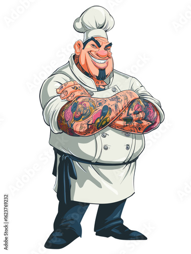 Chef with colorful tattoos showcasing culinary skills in a vibrant kitchen environment during lunchtime