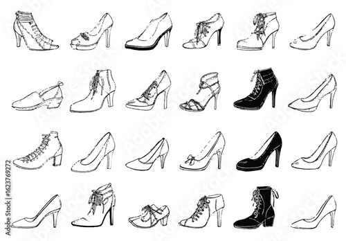 Fashionable Shoe Collection Sketch Style Illustration of Various Womens Footwear Designs and Styles for Clothing Accessories and Trendy Outfits