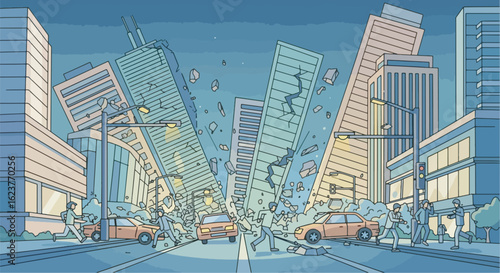 A powerful earthquake striking a modern city at night, skyscrapers shaking, street lights flickering, cars crashing, and people running in panic