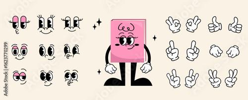 Editable cartoon elements for character pink book with glasses Groovy set of faces and hands to create your own expressions. Animated stickers, DIY projects, kids games, educational apps, customizable