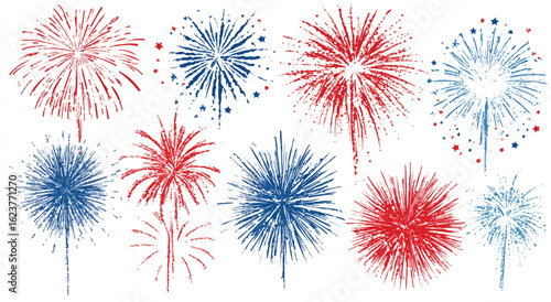 Festive Fireworks Display in Red White and Blue Celebrating Independence Day and Patriotic Holidays with Bursting Colors
