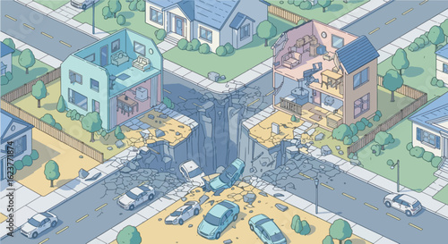 Bird’s-eye view of a massive earthquake fault line tearing through a suburban neighborhood, houses split in half, cars trapped in debris