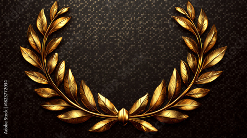 Golden laurel wreath on a textured black background, gleaming elegantly. Concept of victory, achievement, luxury, grandeur.