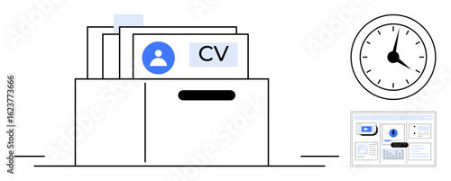 Folder holding resumes labeled with icons alongside a clock, symbolizing time management and recruitment. Ideal for HR, employment, organization, process workflow, career, hiring, simple flat