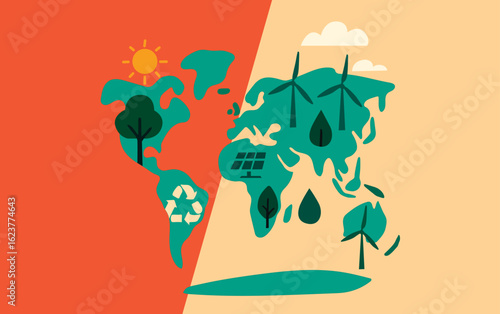 Ilustración vectorial de un mapa plano del mundo con íconos ecológicos representando energía renovable, reciclaje, agua limpia y naturaleza. Estilo moderno y colorido, campañas ambientales, educación 