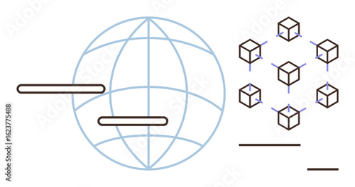 Simplified globe and blockchain network depict global connectivity, decentralization, data flow, security, communication, innovation, and technology. Ideal for blockchain, global data digital