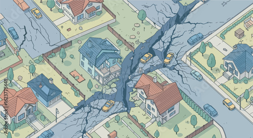 Bird’s-eye view of a massive earthquake fault line tearing through a suburban neighborhood, houses split in half, cars trapped in debris