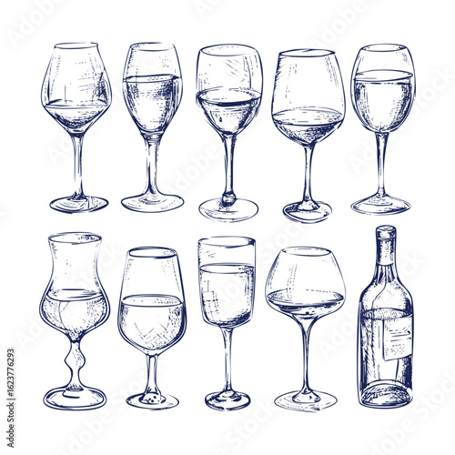 Hand Drawn Wine Glasses and Bottle Set. Vintage Blue Sketch