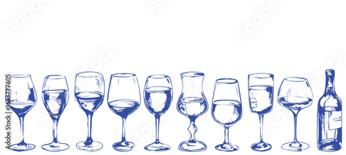 Hand Drawn Wine Glasses and Bottle Set. Vintage Blue Sketch