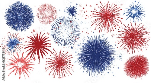 Red and Blue Fireworks Bursting in Celebration Against a White Background Patriotic Display