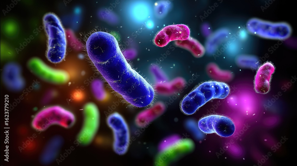 Obraz premium Probiotic bacteria structure: beneficial microbe, gut flora, lactic organism, healthy culture, rod shape, bacterial colony, microbiota system, bioactive cell, floating life, microscopic scene,