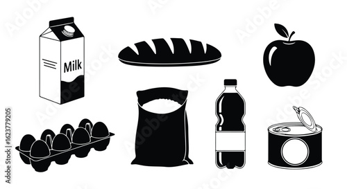 Black silhouette icons of food items a loaf of bread, a bag of sugar, and a bottle of drink, isolated on white background doodle style icon set