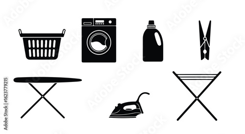 Collection of black silhouette icons representing laundry and cleaning washing machine, detergent bottle, and iron, isolated on white background doodle style icon set