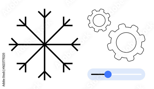 Abstract snowflake with gear symbols and slider showing cooling, settings, winter themes. Ideal for climate control, air conditioning, winter design, customization, mechanics, calibration simple
