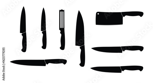 Collection of kitchen knives and cutlery isolated on white background doodle style icon set