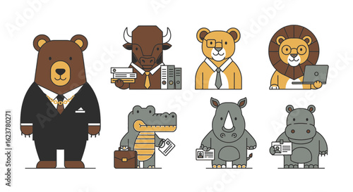 Cartoon animals dressed as business professionals bear bull lion crocodile rhino and hippo in suits and ties