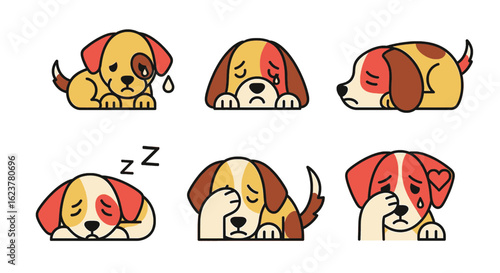 Collection of six cartoon dogs in various states of sadness and sleepiness on a white background