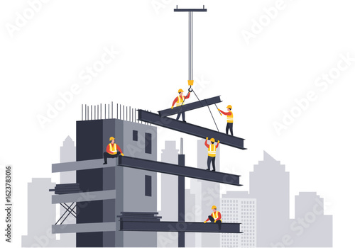 Construction workers meticulously assemble a steel frame for a modern building, guided by a suspended crane in a city skyline.