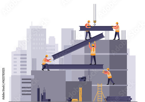 Construction workers in hard hats and safety vests collaborate to assemble large steel beams for a new building, with a crane lifting materials amidst a cityscape.