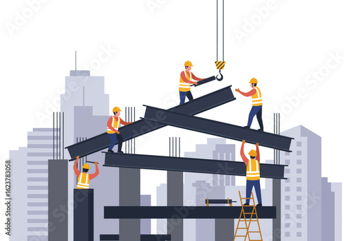 Construction workers in hard hats and safety vests collaboratively assemble large steel beams, forming the structure of a building against a city skyline.
