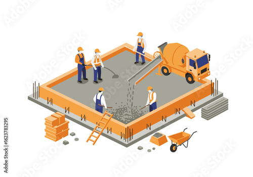 Isometric illustration of construction workers pouring concrete for a building foundation with a cement mixer truck.
