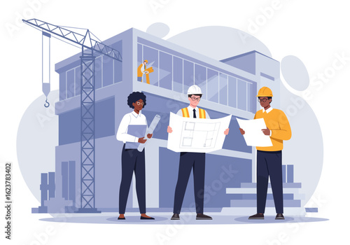 Three architects reviewing blueprints in front of a modern building under construction with a crane.