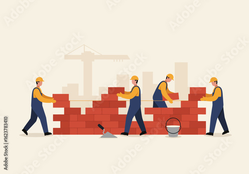 Four construction workers in hard hats and overalls collaboratively build a brick wall, with a crane and city skyline in the background.