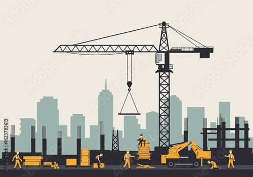 Construction workers build a city skyline with a crane and heavy machinery.