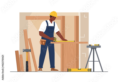 Black carpenter meticulously measures lumber for construction project.