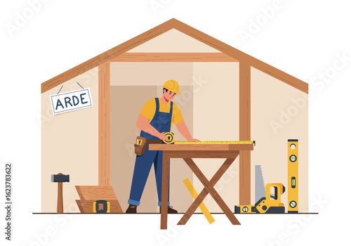Carpenter meticulously measures wood in his workshop, preparing for construction.