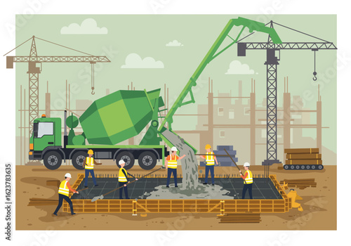 Construction workers pouring concrete foundation, cement mixer truck, cranes, urban building site.
