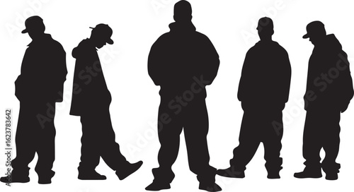 Black silhouettes of men wearing hooded jackets and caps white background