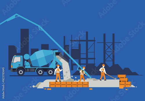 Construction workers pouring a concrete foundation from a cement mixer truck at a building site.