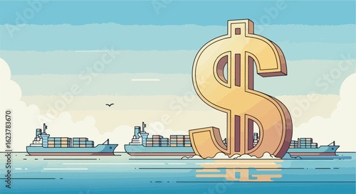 Illustration of a giant dollar sign forming a barrier in the ocean, blocking cargo ships with various countries’ flags, symbolizing US tariffs.