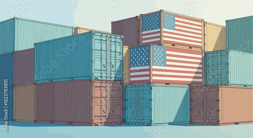 shipping containers stacked like a wall, with the US flag painted on them, symbolizing import tariffs and trade barriers.