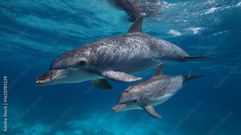 Fototapeta premium Two dolphins swimming gracefully in clear blue waters, showcasing their playful nature.