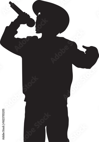 Singer with microphone and pointing finger silhouette performance