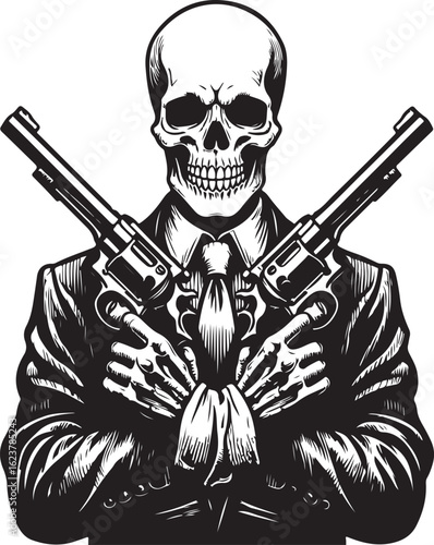 Skull holding crossed revolvers in suit skeleton guns