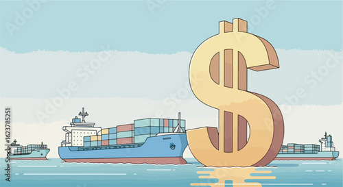 Illustration of a giant dollar sign forming a barrier in the ocean, blocking cargo ships with various countries’ flags, symbolizing US tariffs.