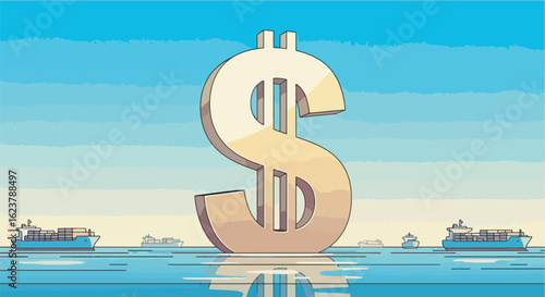 Illustration of a giant dollar sign forming a barrier in the ocean, blocking cargo ships with various countries’ flags, symbolizing US tariffs.