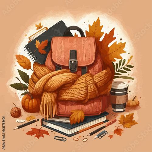 autumn still life illustration of a school backpack 