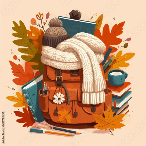 autumn still life illustration of a school backpack 